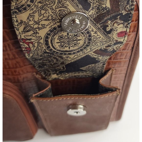 Womens Purse Brown Faux Croc Heart Charm Mom Core Braided Trim Clutch Bag - Picture 13 of 16